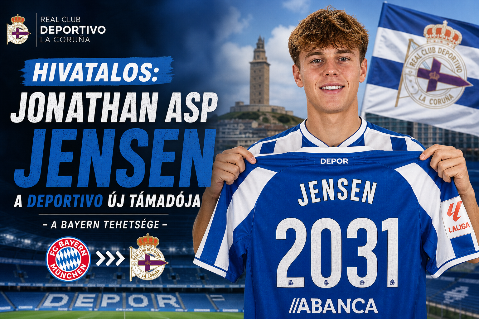 Hivatalos: Jonathan Asp Jensen a Deportivo új támadója – a Bayern tehetsége 2031-ig ír alá