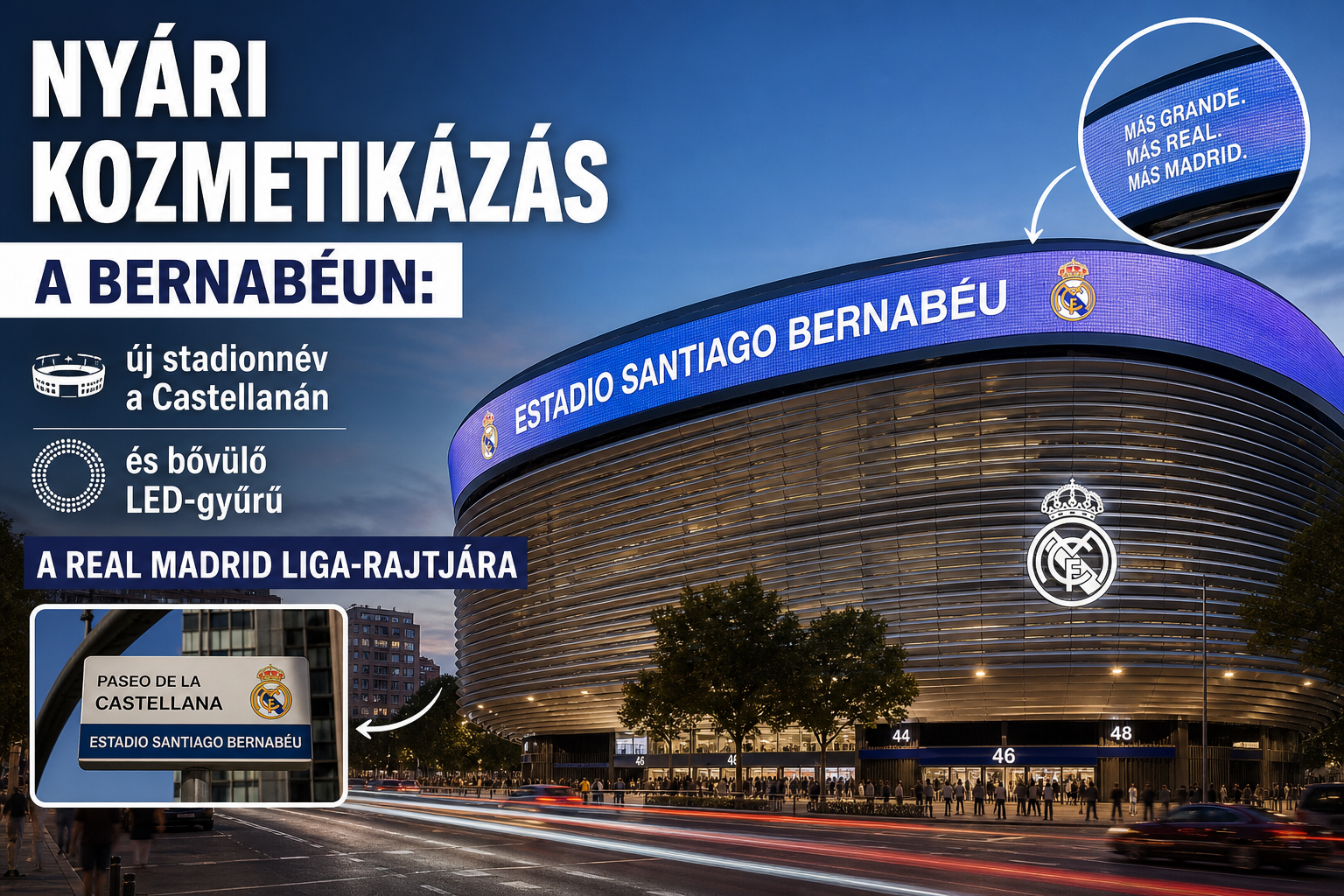 Nyári kozmetikázás a Bernabéun: új stadionnév a Castellanán és bővülő LED-gyűrű a Real Madrid Liga-rajtjára
