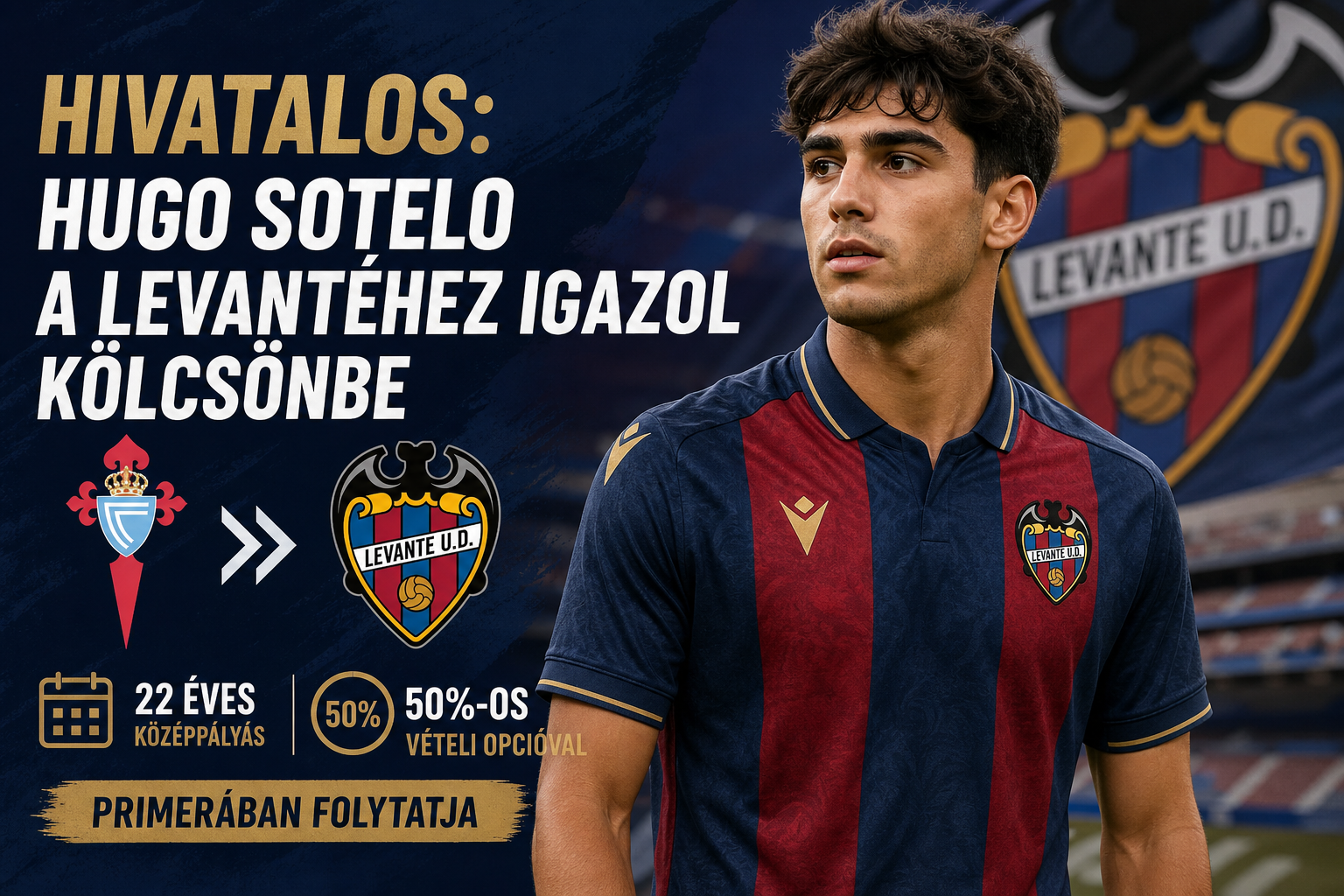 Hivatalos: Hugo Sotelo a Levantéhez igazol kölcsönbe – a Celta 22 éves középpályása 50%-os vételi opcióval Primerában folytatja