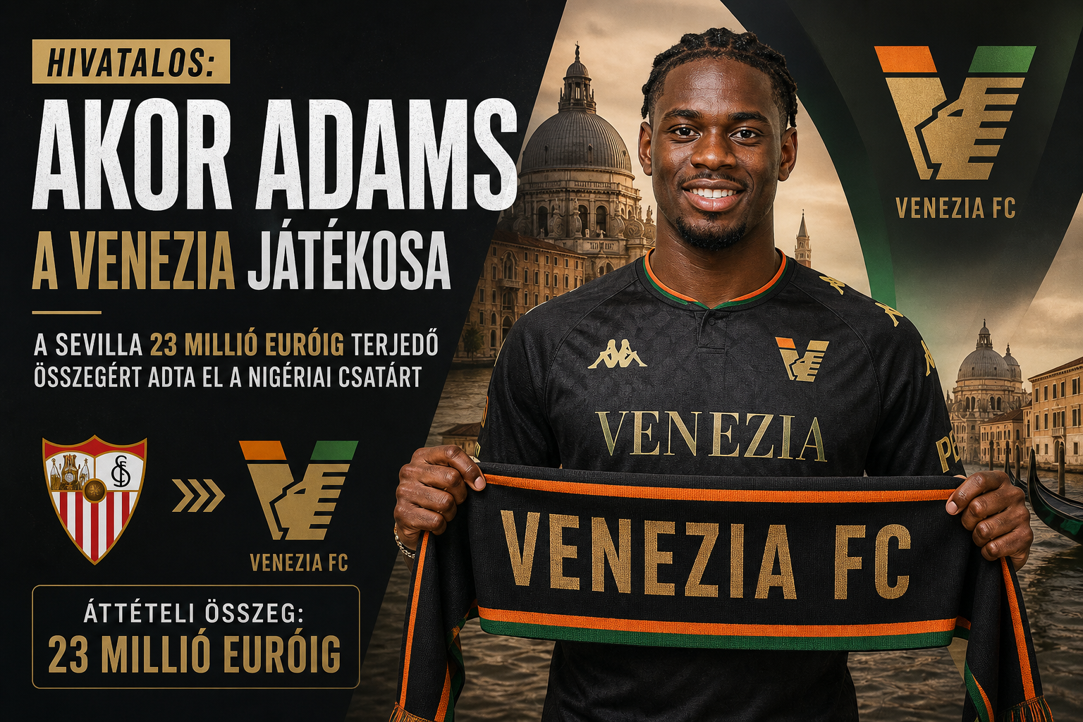 Hivatalos: Akor Adams a Venezia csatára – a Sevilla 23 millió euróig terjedő összegért adta el a nigériai támadót