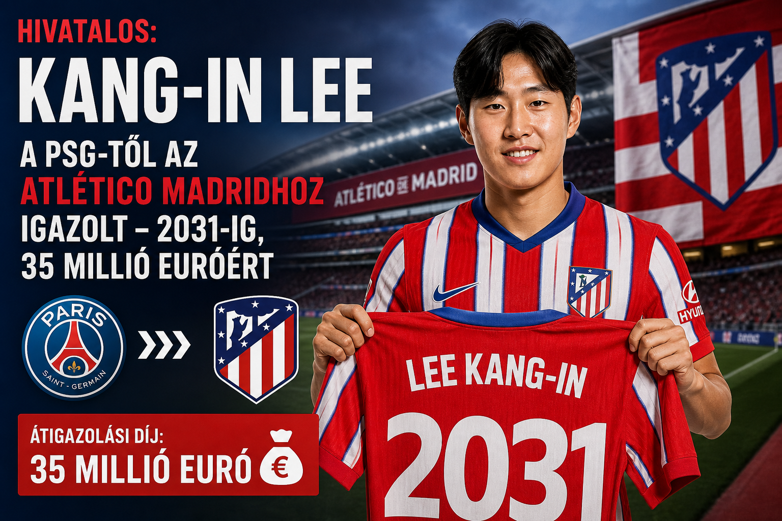 Hivatalos: Kang-in Lee a PSG-től az Atlético Madridhoz igazolt – 2031-ig, 35 millió euróért