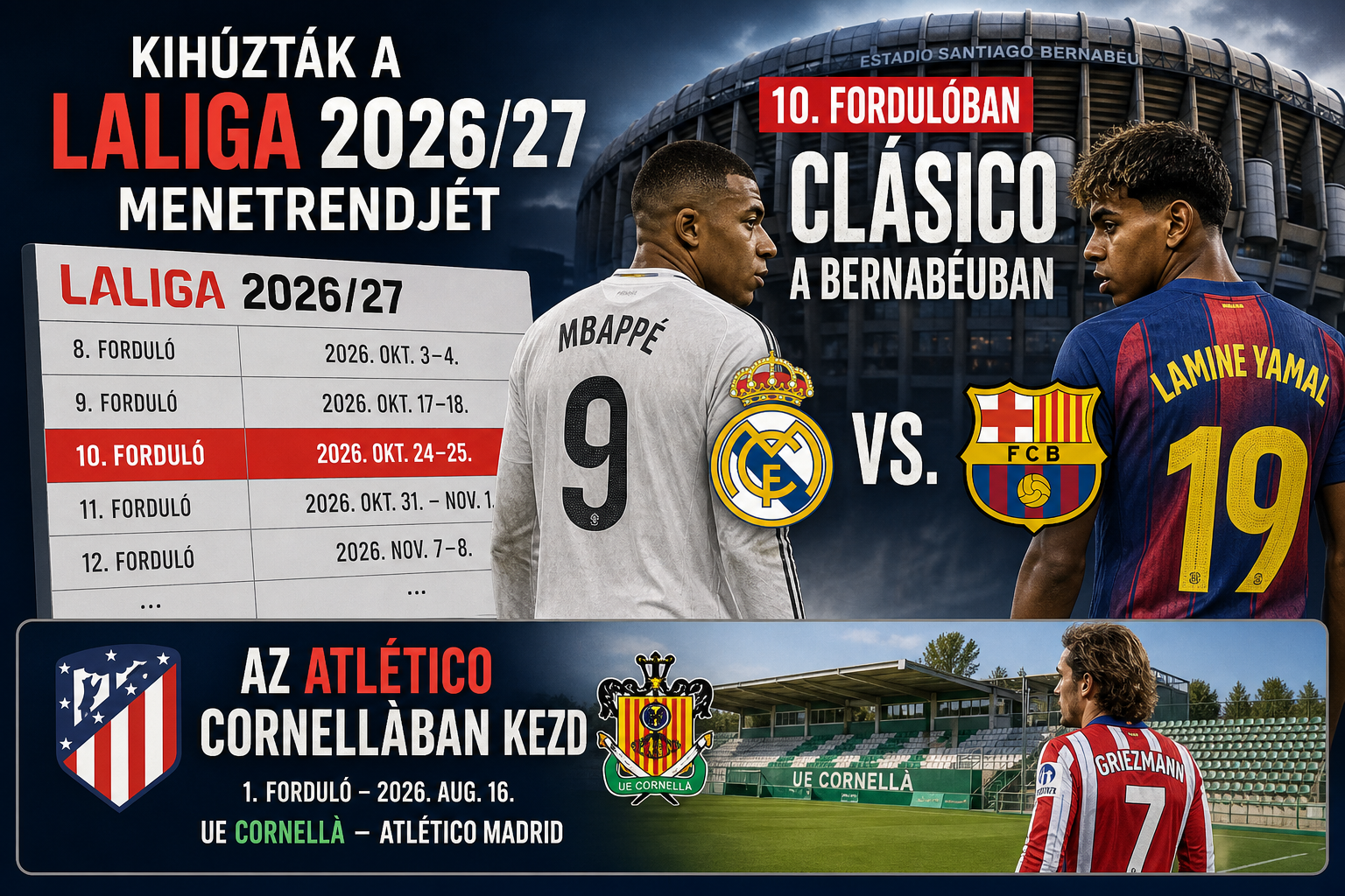 Kihúzták a LaLiga 2026/27 menetrendjét: 10. fordulóban Clásico a Bernabéuban, az Atlético Cornellàban kezd
