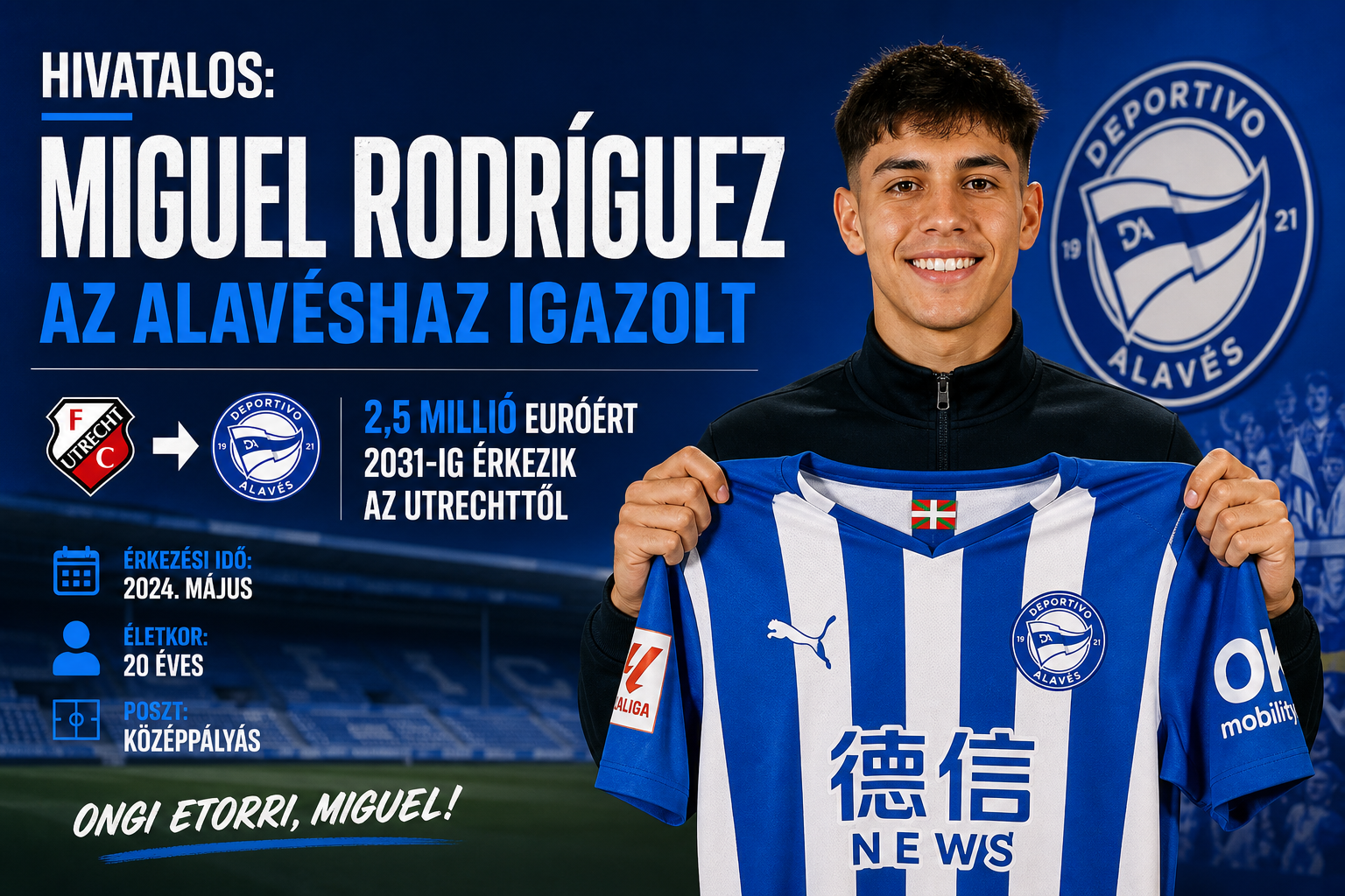 Hivatalos: Miguel Rodríguez az Alavéshez igazolt – 2,5 millió euróért 2031-ig érkezik az Utrechttől
