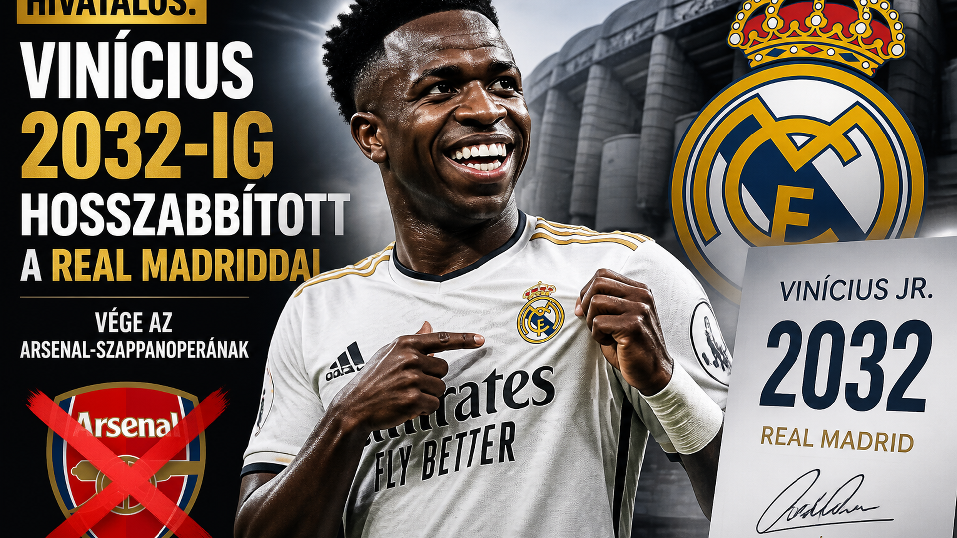 Hivatalos: Vinícius 2032-ig hosszabbított a Real Madriddal – vége az Arsenal-szappanoperának