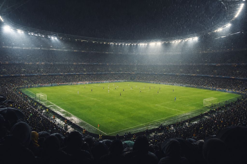 Spanyol stadion esőben, reflektorfényben – illusztráció
